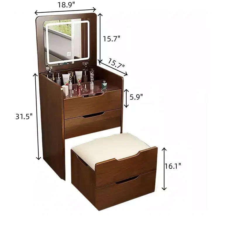 Coiffeuse 3 en 1 avec miroir escamotable, petite coiffeuse avec plateau en verre visible, coiffeuse compacte avec 3 tiroirs - Noyer