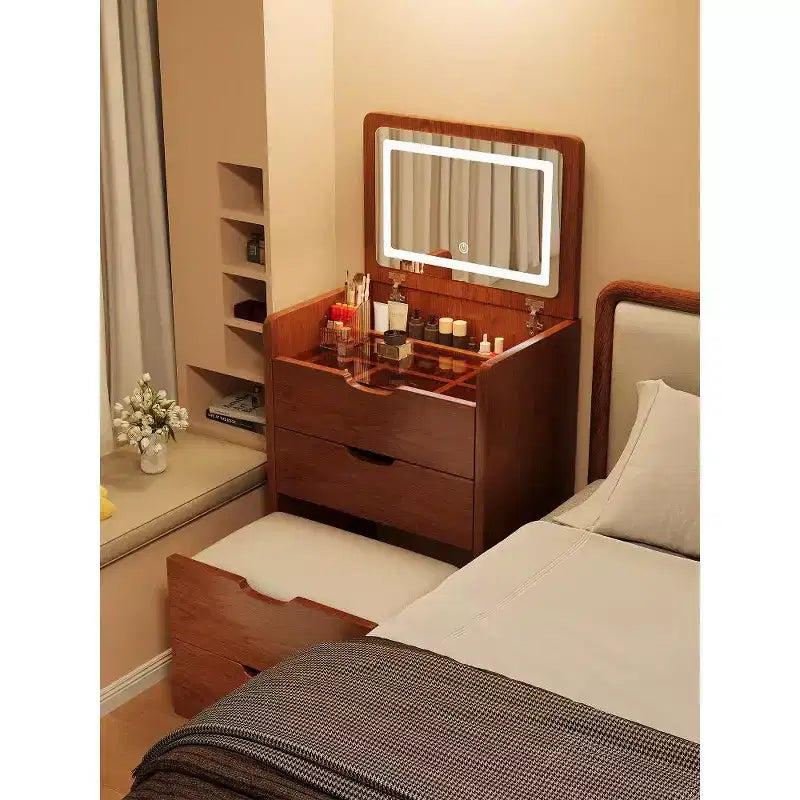 Coiffeuse 3 en 1 avec miroir escamotable, petite coiffeuse avec plateau en verre visible, coiffeuse compacte avec 3 tiroirs - Noyer