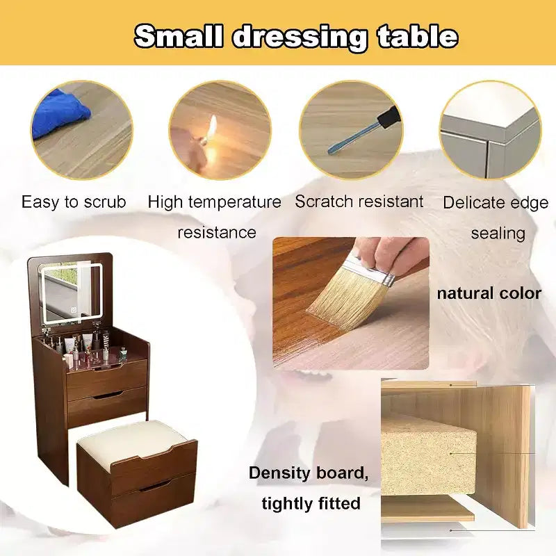Coiffeuse 3 en 1 avec miroir escamotable, petite coiffeuse avec plateau en verre visible, coiffeuse compacte avec 3 tiroirs - Noyer