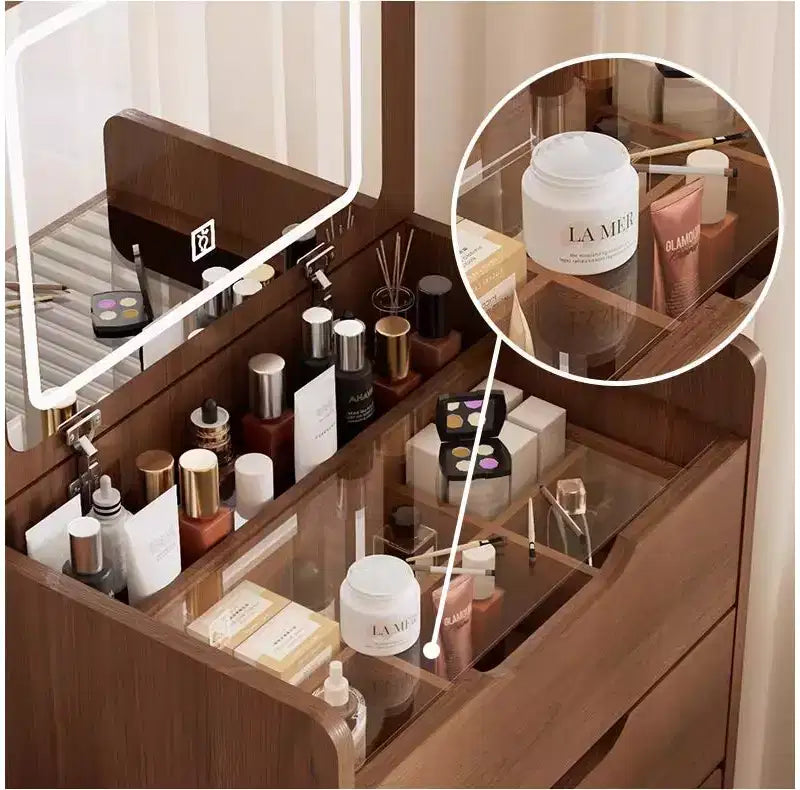 Coiffeuse 3 en 1 avec miroir escamotable, petite coiffeuse avec plateau en verre visible, coiffeuse compacte avec 3 tiroirs - Noyer