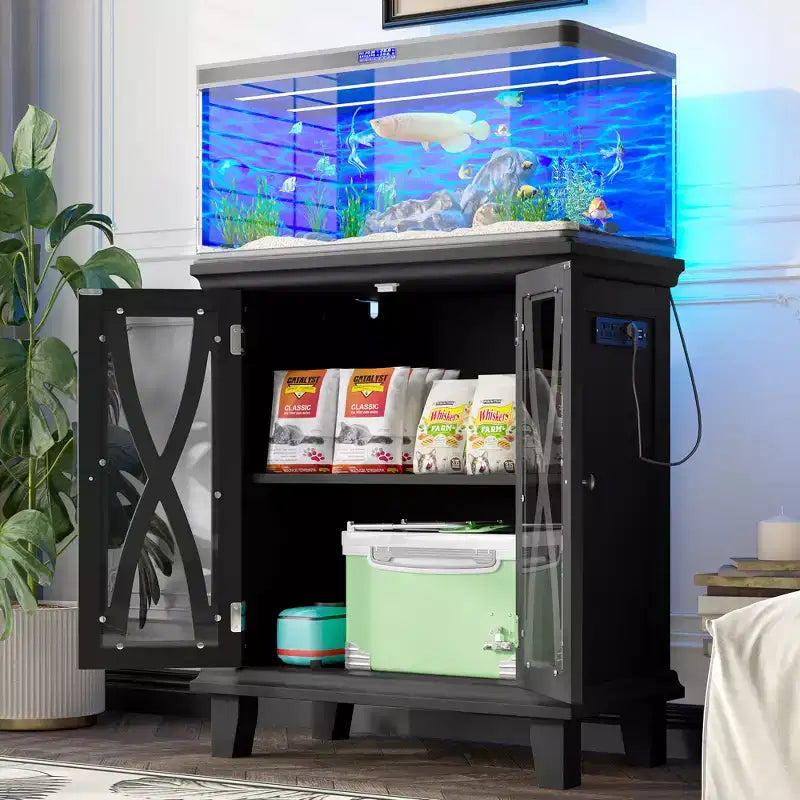 Meuble d'aquarium en bois de style ferme avec prises de courant et étagères réglables