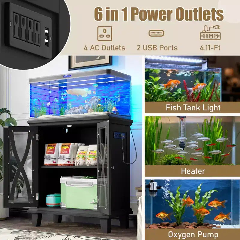 Meuble d'aquarium en bois de style ferme avec prises de courant et étagères réglables