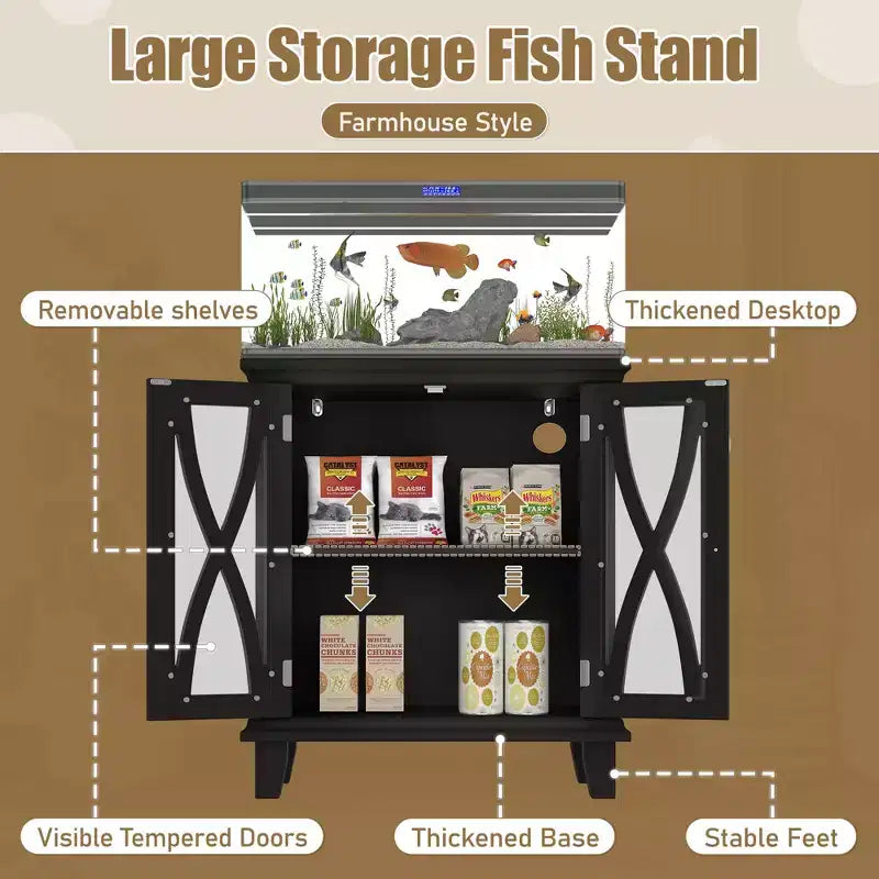 Meuble d'aquarium en bois de style ferme avec prises de courant et étagères réglables