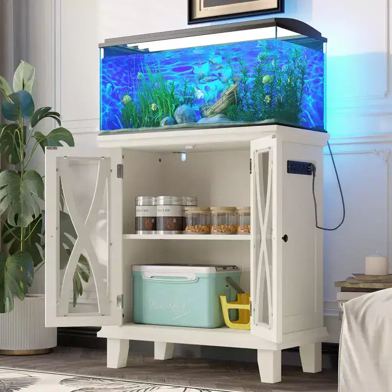 Meuble d'aquarium en bois de style ferme avec prises de courant et étagères réglables