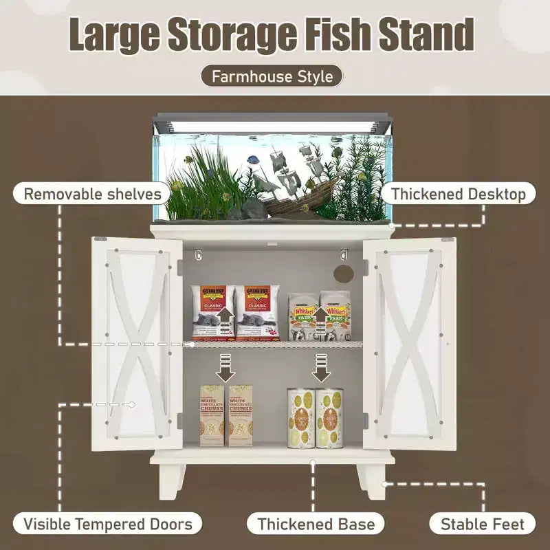 Meuble d'aquarium en bois de style ferme avec prises de courant et étagères réglables