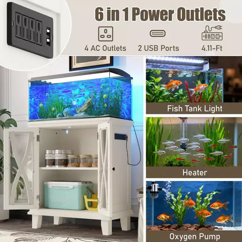 Meuble d'aquarium en bois de style ferme avec prises de courant et étagères réglables