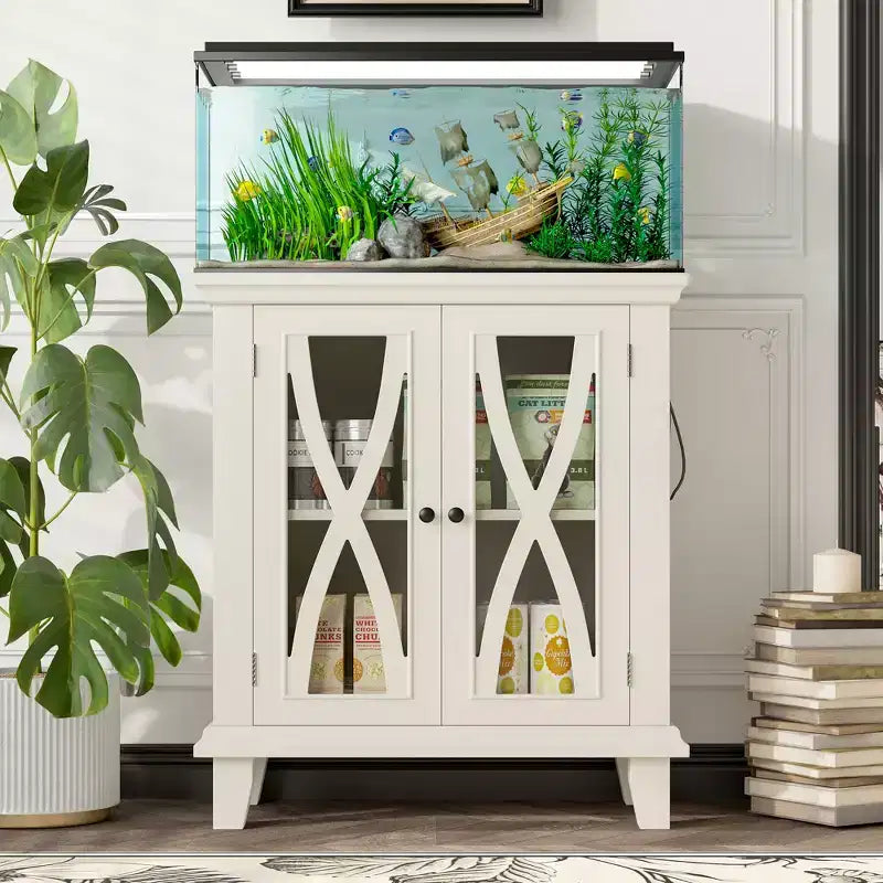 GDFStudio Fanny Farmhouse Wood Aquarium Stand with Power Outlets and Adjustable Shelves
