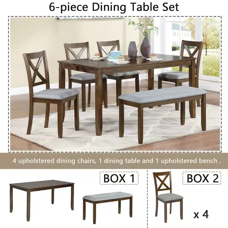 sumyeg Ensemble de salle à manger 6 pièces en bois avec table, 4 chaises rembourrées et banc