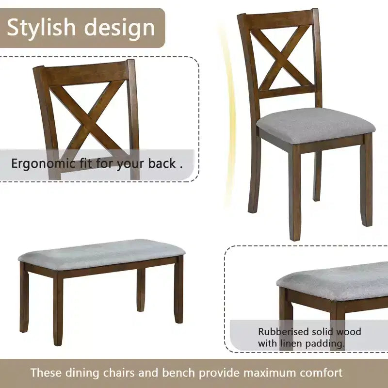 sumyeg Ensemble de salle à manger 6 pièces en bois avec table, 4 chaises rembourrées et banc