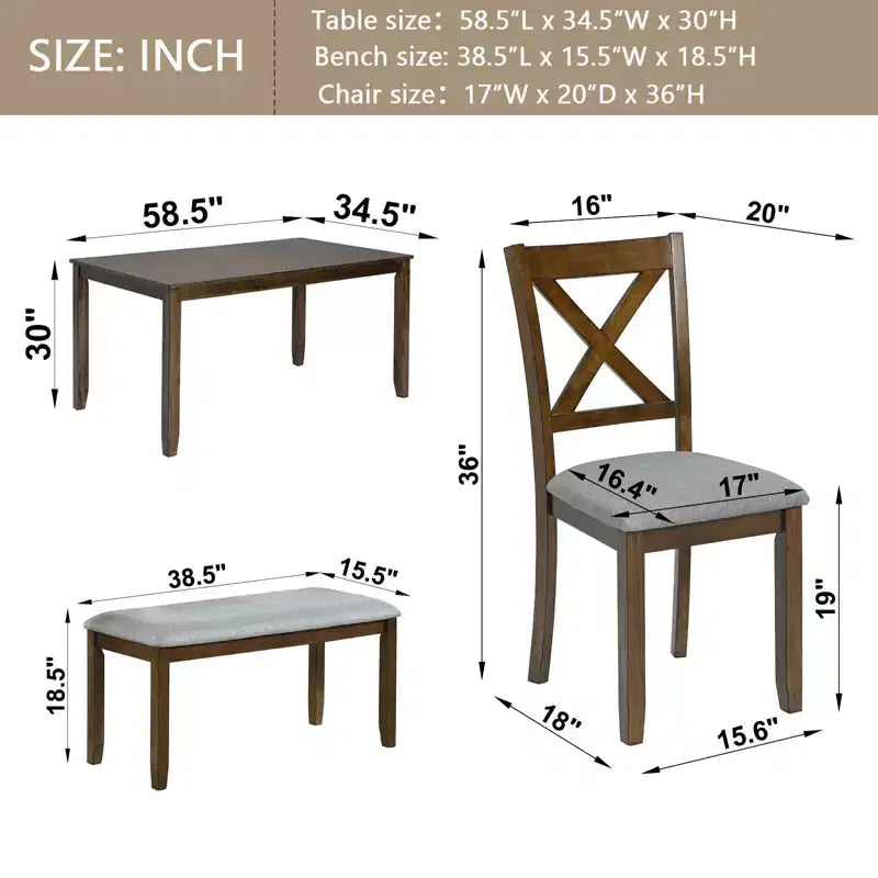 sumyeg Ensemble de salle à manger 6 pièces en bois avec table, 4 chaises rembourrées et banc