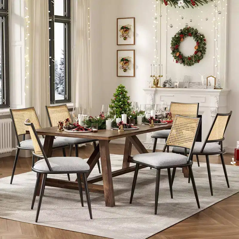 Lot de 2 chaises de salle à manger du milieu du siècle, chaises de salle à manger en rotin avec cadre en métal, chaises de salle à manger en tissu bouclette pour salle à manger, cuisine