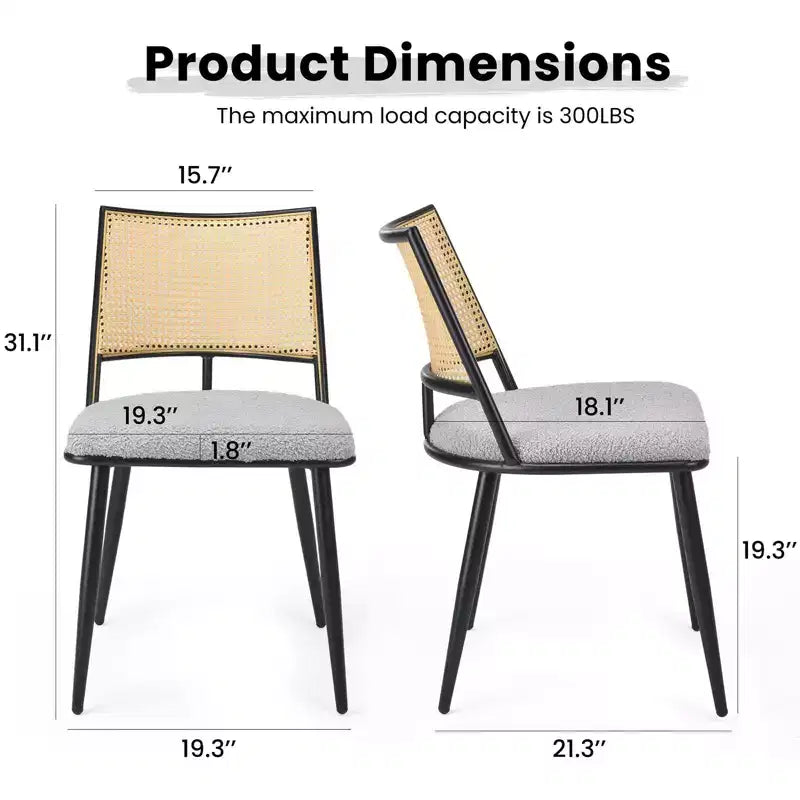 Lot de 2 chaises de salle à manger du milieu du siècle, chaises de salle à manger en rotin avec cadre en métal, chaises de salle à manger en tissu bouclette pour salle à manger, cuisine
