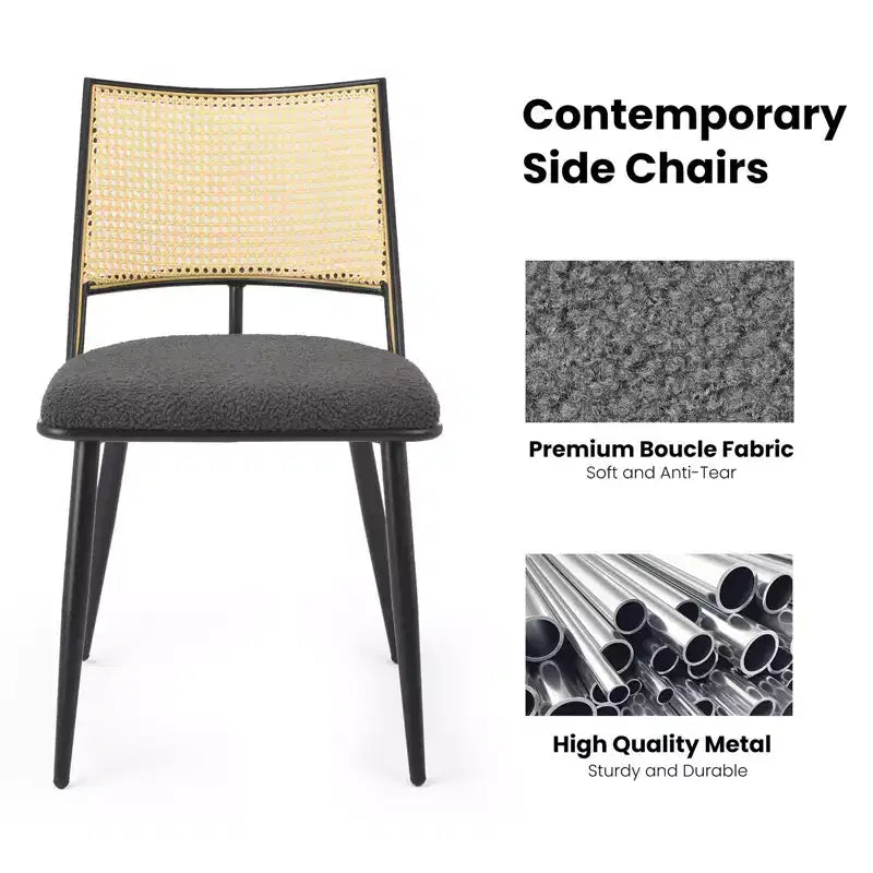 Lot de 2 chaises de salle à manger du milieu du siècle, chaises de salle à manger en rotin avec cadre en métal, chaises de salle à manger en tissu bouclette pour salle à manger, cuisine
