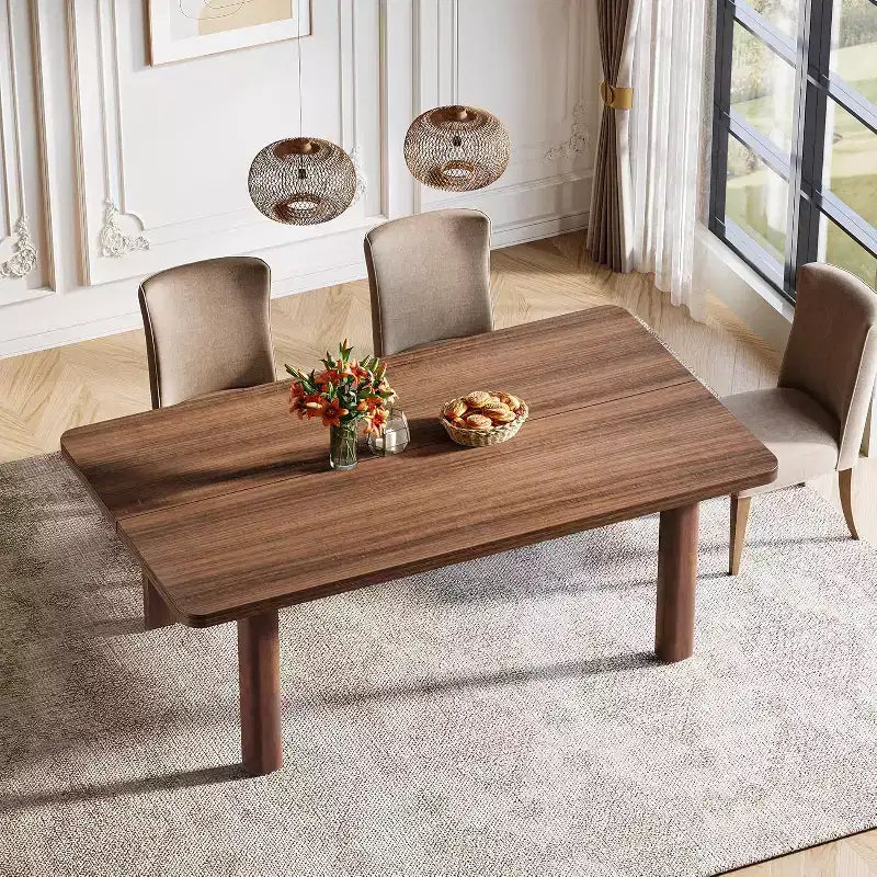 Table à manger en bois de style rustique de 160 cm pour 4 à 6 personnes, grande table de cuisine et de salle à manger rectangulaire avec pieds en bois massif pour la cuisine et la salle à manger