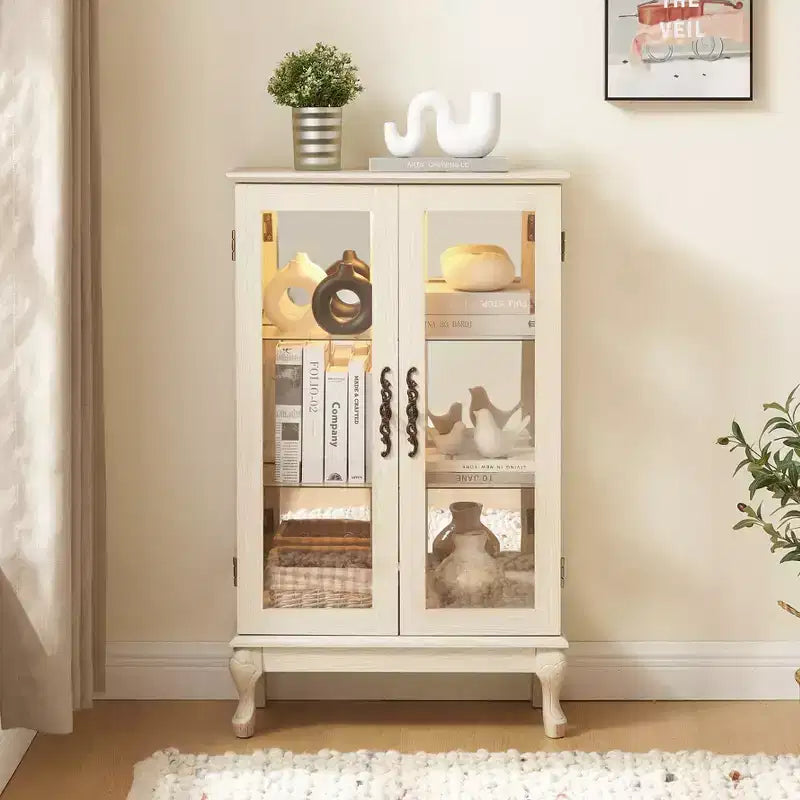 Vitrine éclairée de 44", blanc MDF+verre, avec portes en verre trempé et étagères réglables (fond miroir, ampoule incluse)