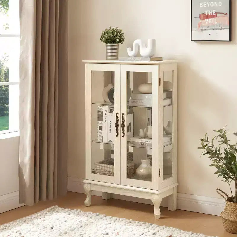 Vitrine éclairée de 44", blanc MDF+verre, avec portes en verre trempé et étagères réglables (fond miroir, ampoule incluse)