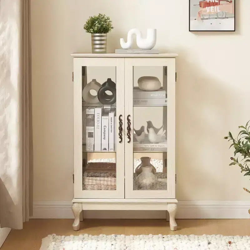 Vitrine éclairée de 44", blanc MDF+verre, avec portes en verre trempé et étagères réglables (fond miroir, ampoule incluse)