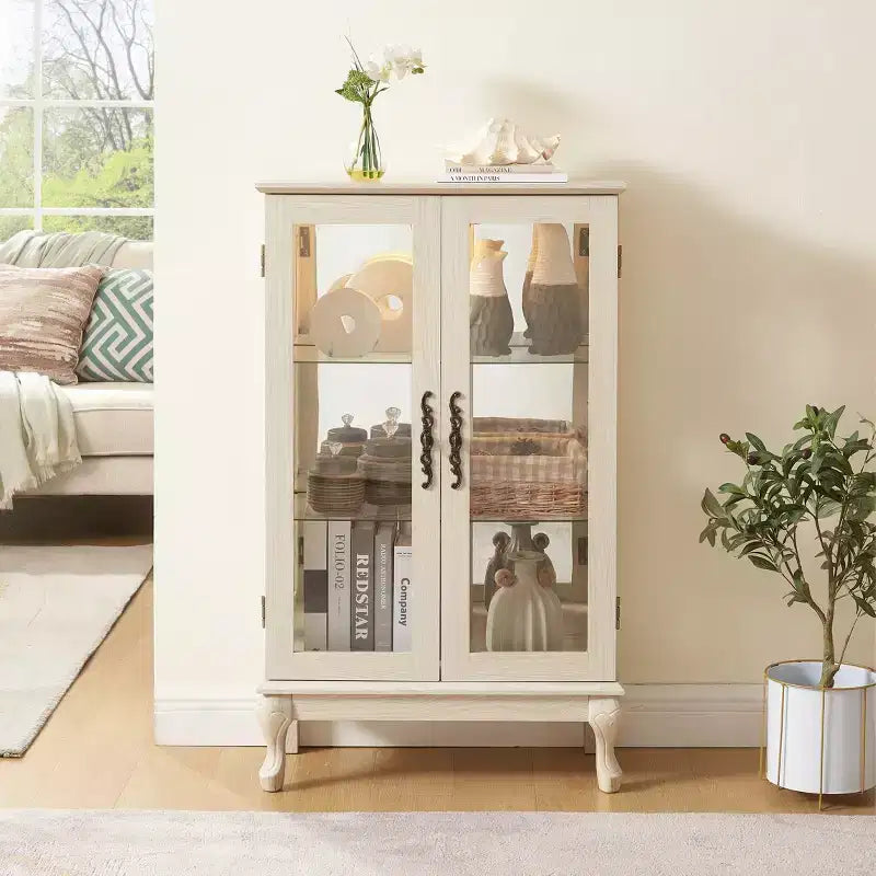 Vitrine éclairée de 44", blanc MDF+verre, avec portes en verre trempé et étagères réglables (fond miroir, ampoule incluse)