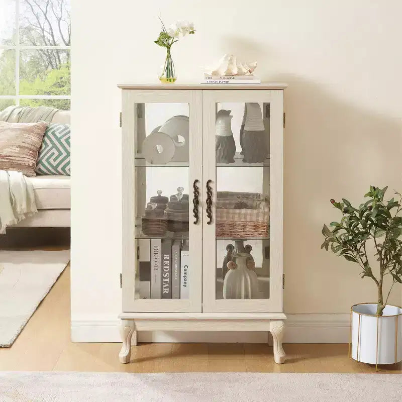 Vitrine éclairée de 44", blanc MDF+verre, avec portes en verre trempé et étagères réglables (fond miroir, ampoule incluse)