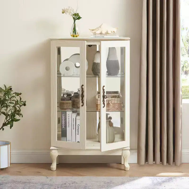 Vitrine éclairée de 44", blanc MDF+verre, avec portes en verre trempé et étagères réglables (fond miroir, ampoule incluse)