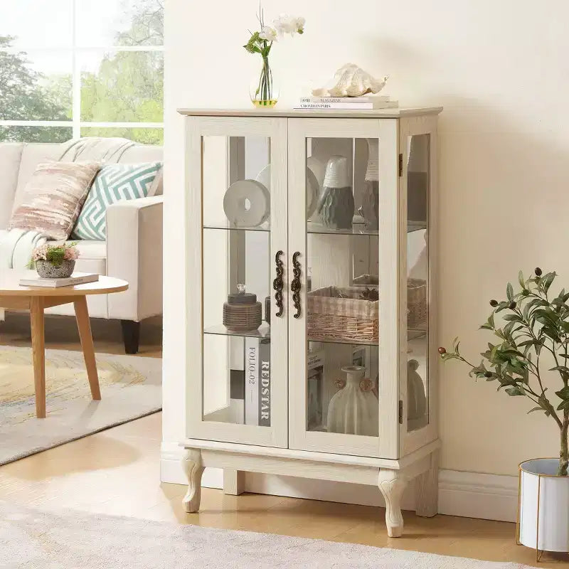 Vitrine éclairée de 44", blanc MDF+verre, avec portes en verre trempé et étagères réglables (fond miroir, ampoule incluse)