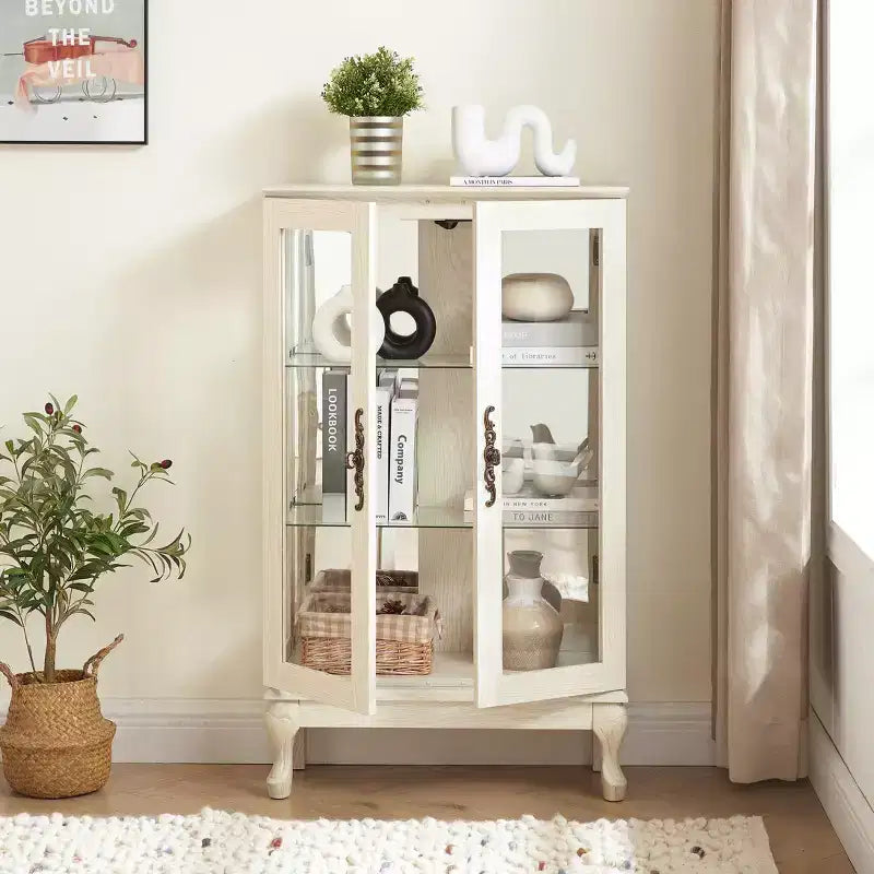 Vitrine éclairée de 44", blanc MDF+verre, avec portes en verre trempé et étagères réglables (fond miroir, ampoule incluse)
