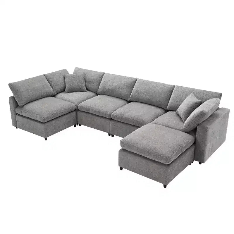 Canapé-lit modulaire 6 places en chenille Polibi avec ottoman