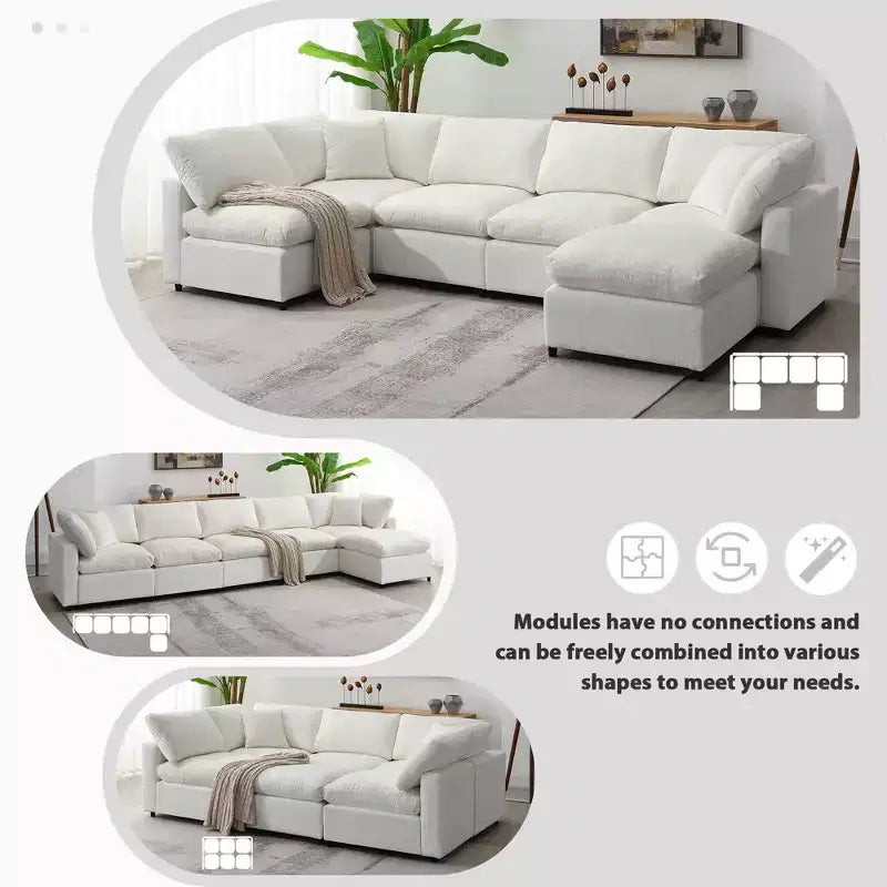 Canapé-lit modulaire 6 places en chenille Polibi avec ottoman