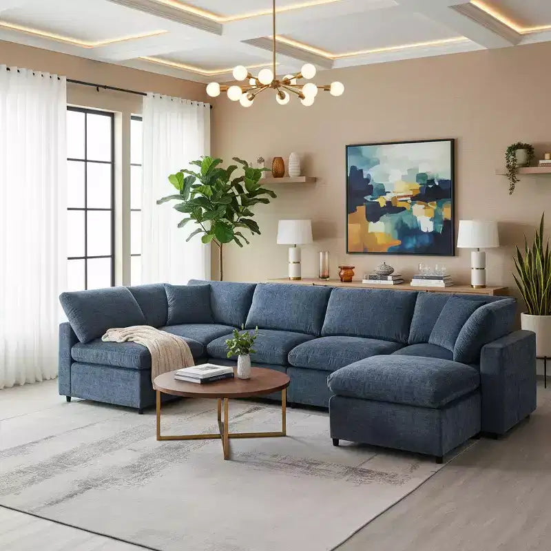 Canapé-lit modulaire 6 places en chenille Polibi avec ottoman