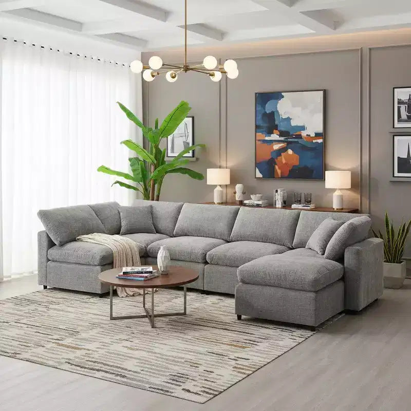 Canapé-lit modulaire 6 places en chenille Polibi avec ottoman