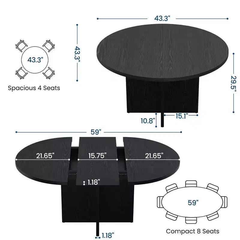 Table à manger ronde extensible de 43,3'' à 59'' pour 4 à 8 personnes, Table à manger ovale de cuisine moderne avec rallonges amovibles, Table de salle à manger, cuisine