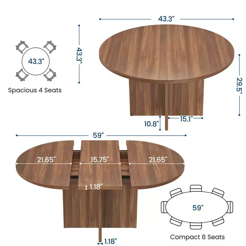 Table à manger ronde extensible de 43,3'' à 59'' pour 4 à 8 personnes, Table à manger ovale de cuisine moderne avec rallonges amovibles, Table de salle à manger, cuisine