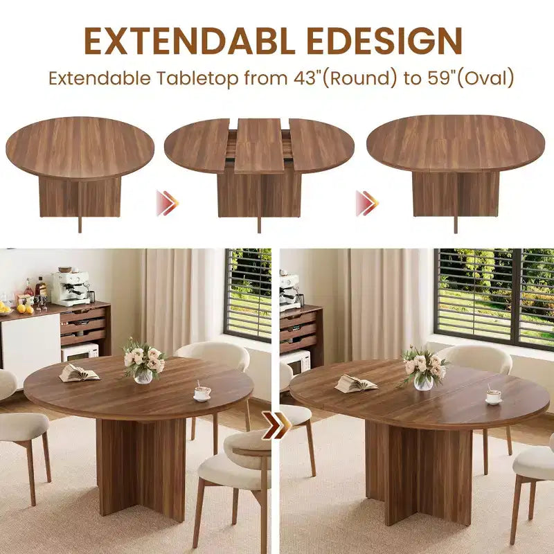 Table à manger ronde extensible de 43,3'' à 59'' pour 4 à 8 personnes, Table à manger ovale de cuisine moderne avec rallonges amovibles, Table de salle à manger, cuisine
