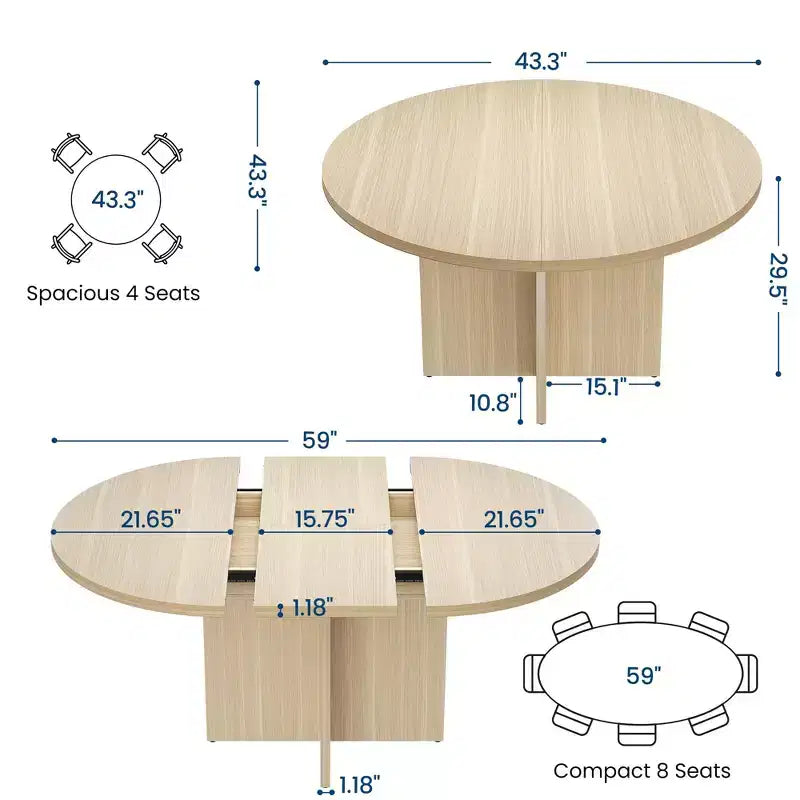 Table à manger ronde extensible de 43,3'' à 59'' pour 4 à 8 personnes, Table à manger ovale de cuisine moderne avec rallonges amovibles, Table de salle à manger, cuisine