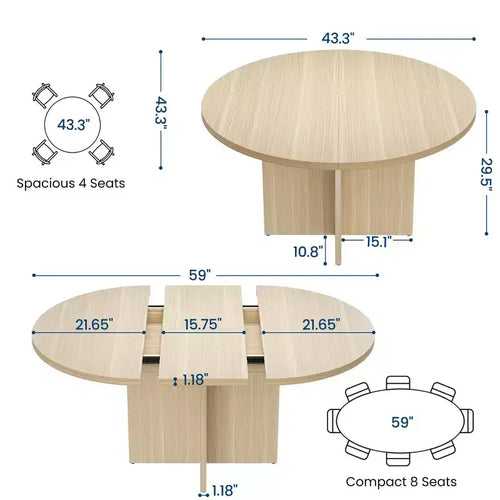 Table à manger ronde extensible de 43,3'' à 59'' pour 4 à 8 personnes, Table à manger ovale de cuisine moderne avec rallonges amovibles, Table de salle à manger, cuisine