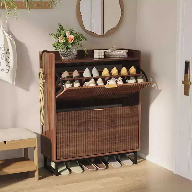 Shoe Storage Cabinet with 2 Flip Drawers, Narrow Wood Hidden Fluted Shoe Rack Organizer Cabinet for Entryway