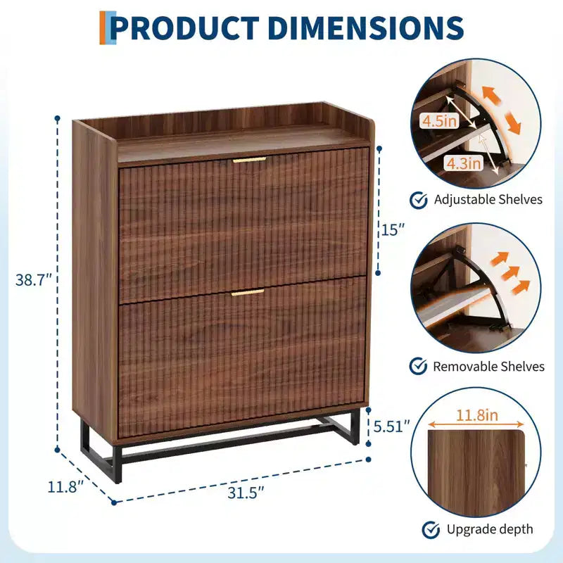 Meuble à chaussures avec 2 tiroirs basculants, meuble de rangement étroit en bois cannelé dissimulé pour l'entrée