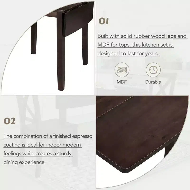 GDFStudio Torquil Ensemble repas 3 pièces en bois d'hévéa avec table pliante et 2 chaises à dossier en croix