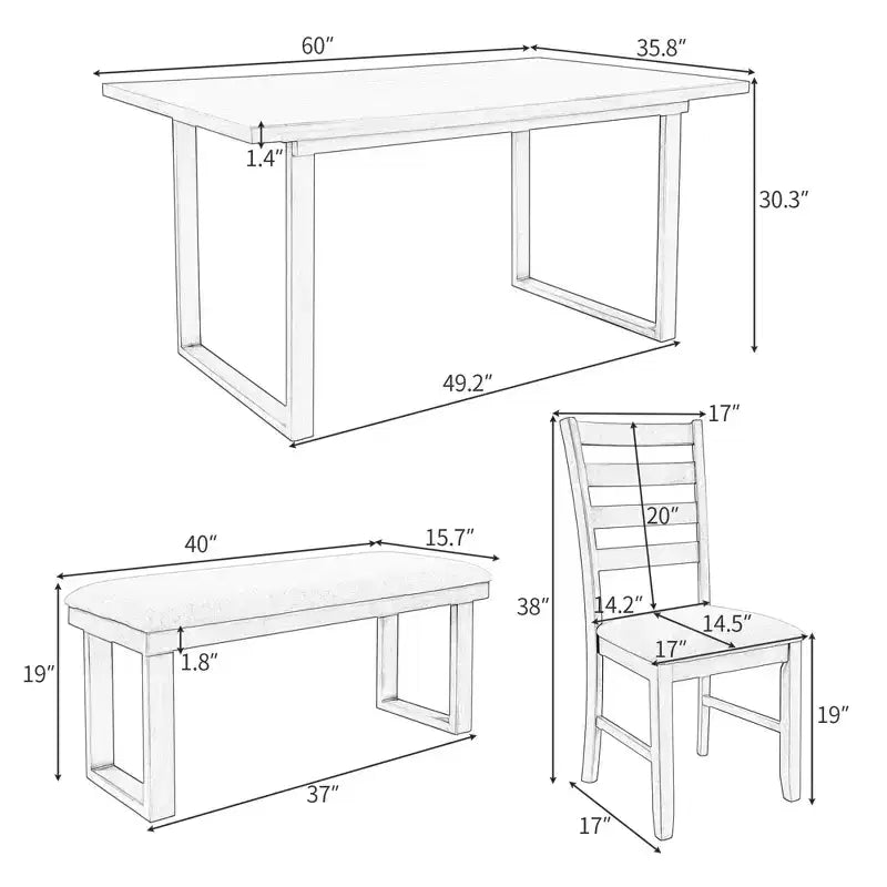 Ensemble de salle à manger 6 pièces de style ferme avec banc, table rectangulaire en bois et 4 chaises rembourrées pour cuisine, gris