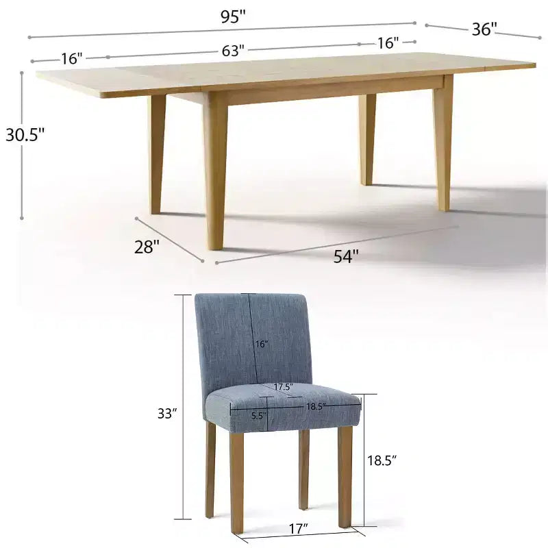 Ensemble de salle à manger extensible pour 8, table rectangulaire avec rallonges amovibles et chaises en lin sans accoudoirs, avec pieds en bois massif-Panipeachy