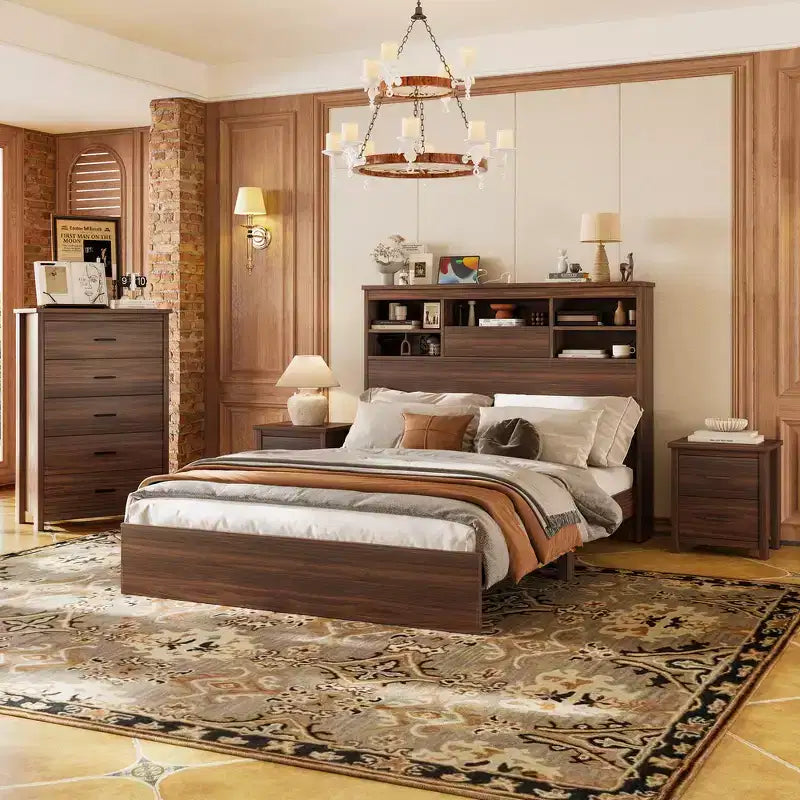 Whisen Ensembles de 4 meubles de chambre à coucher, lit Queen avec tête de lit de rangement, 2 tables de chevet et 1 commode