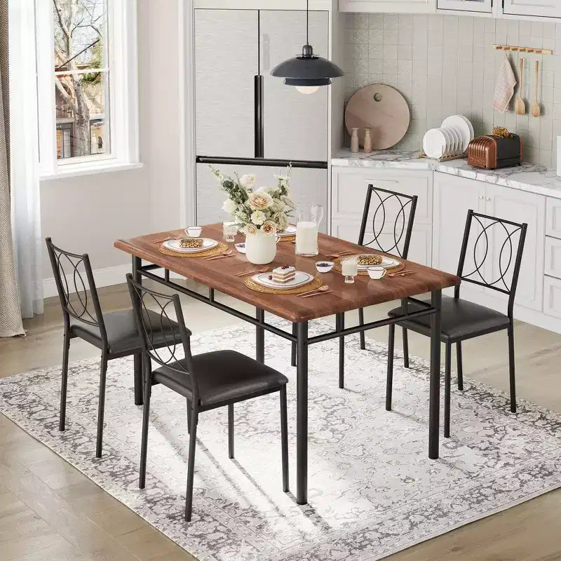 5-Piece Dining Table Set for 4, Farmhouse Wood Kitchen Table with Upholstered Chairs, Space-Saving Dining Set for Small Spaces and Apartments