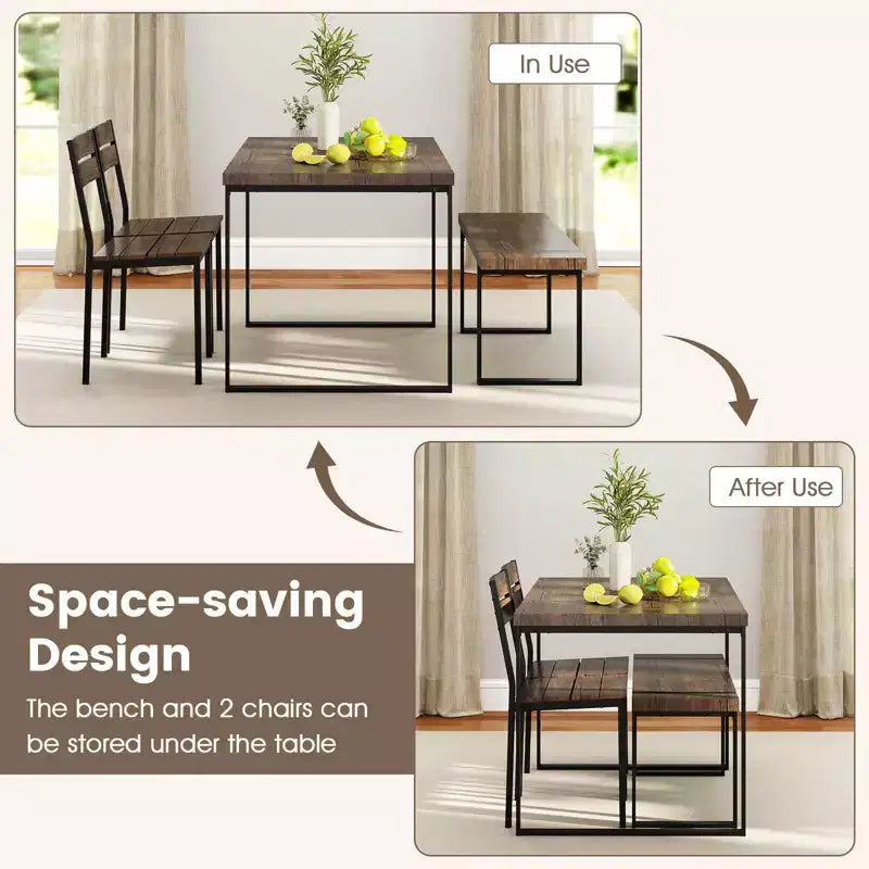 Ensemble de table à manger Costway 47 pour 4 personnes, table de cuisine en bois avec 2 chaises et banc, cadre en métal