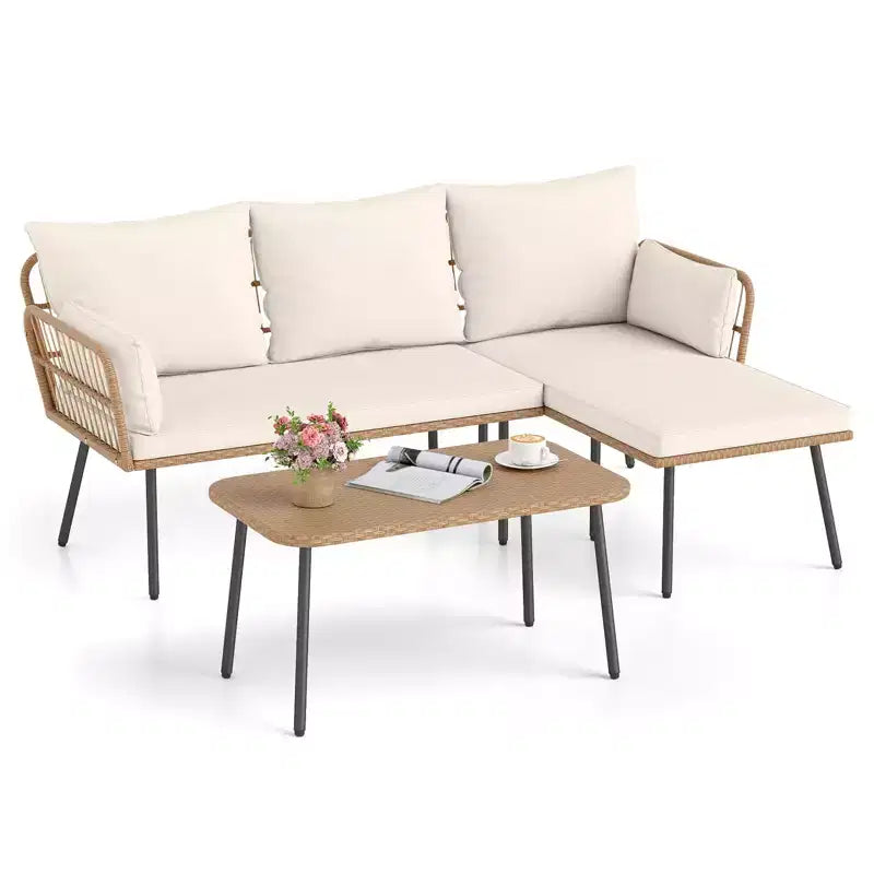 Costway Ensemble de Meubles de Patio en Forme de L 3 Pièces avec Table Basse, Coussins Amovibles Jaune Mixte + Blanc Cassé