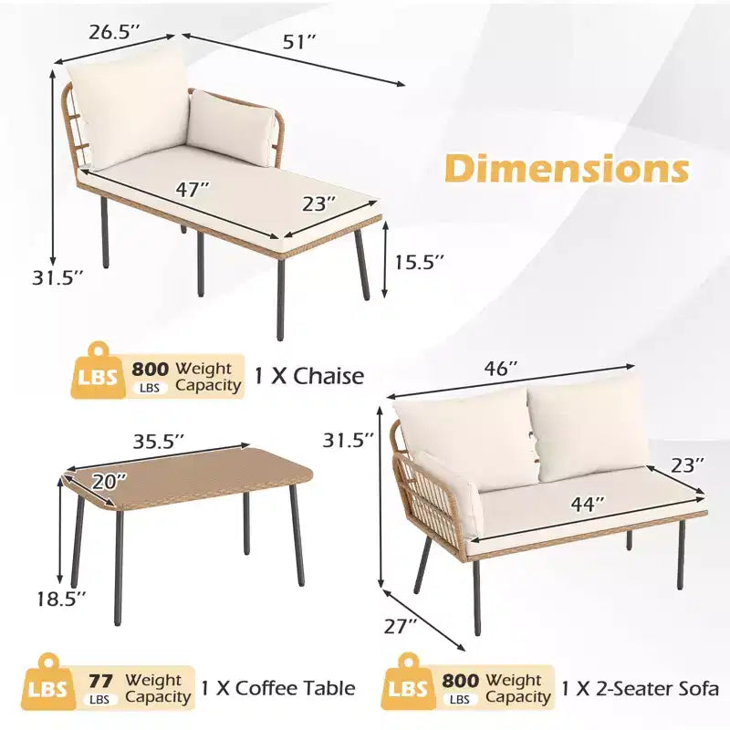 Costway Ensemble de Meubles de Patio en Forme de L 3 Pièces avec Table Basse, Coussins Amovibles Jaune Mixte + Blanc Cassé