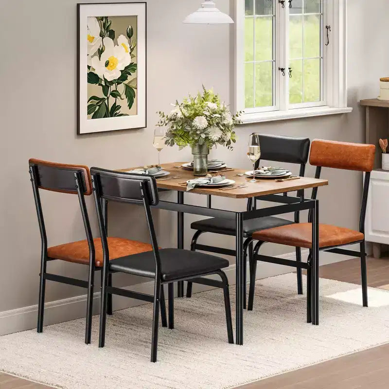 Ensemble table et chaises 5 pièces, plateau imitation bois grainé marron, chaises en PU marron et noir, structure en métal, compact, montage facile, pour cuisine/salle à manger