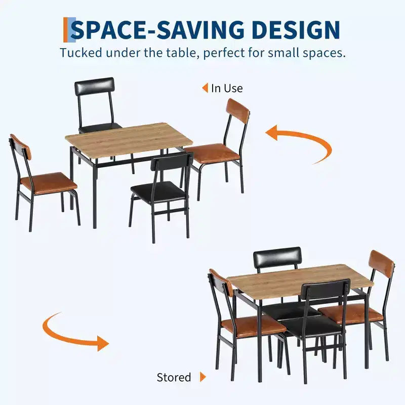 Ensemble table et chaises 5 pièces, plateau imitation bois grainé marron, chaises en PU marron et noir, structure en métal, compact, montage facile, pour cuisine/salle à manger