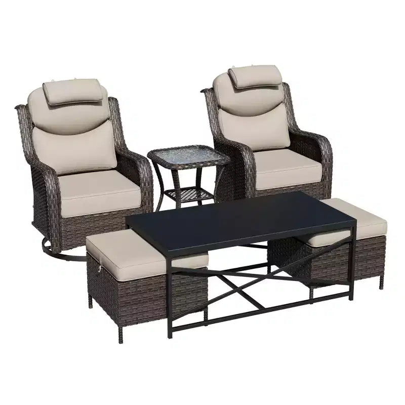 Ensemble de chaises pivotantes et berçantes d'extérieur UPTIOT avec poufs convertibles et table basse pour la détente sur la terrasse