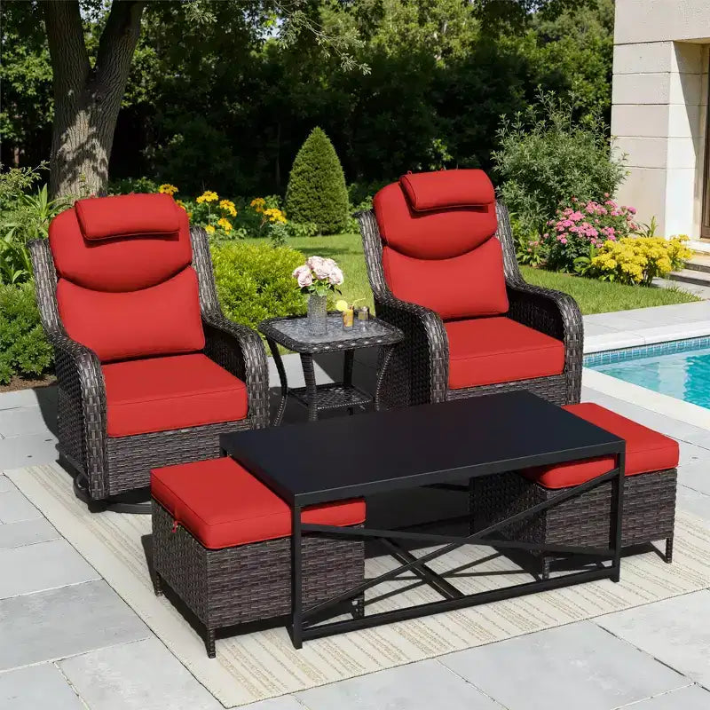 Ensemble de chaises pivotantes et berçantes d'extérieur UPTIOT avec poufs convertibles et table basse pour la détente sur la terrasse