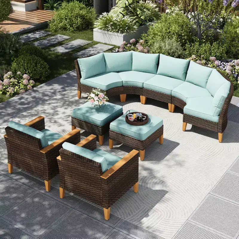 Captiva Designs Ensemble de conversation d'extérieur 9 pièces en rotin et osier pour terrasse, canapé sectionnel demi-lune incurvé avec pouf rembourré